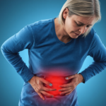 A middle aged lady holding her belly due to pain