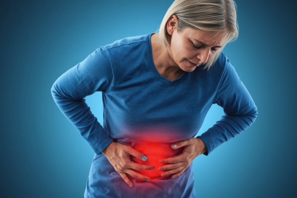 A middle aged lady holding her belly due to pain