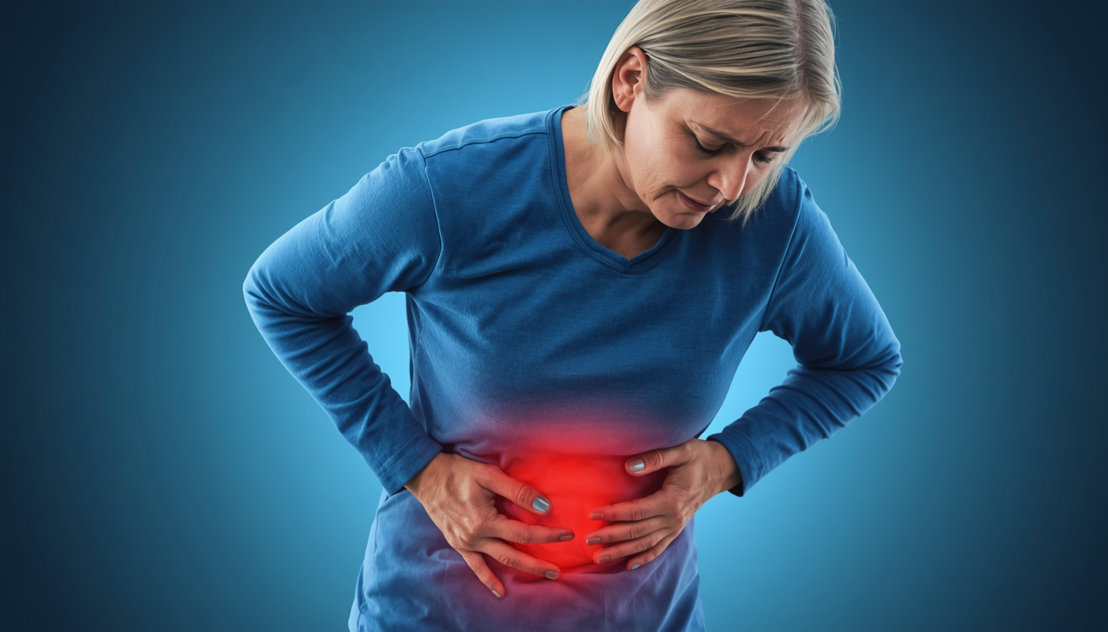 A middle aged lady holding her belly due to pain