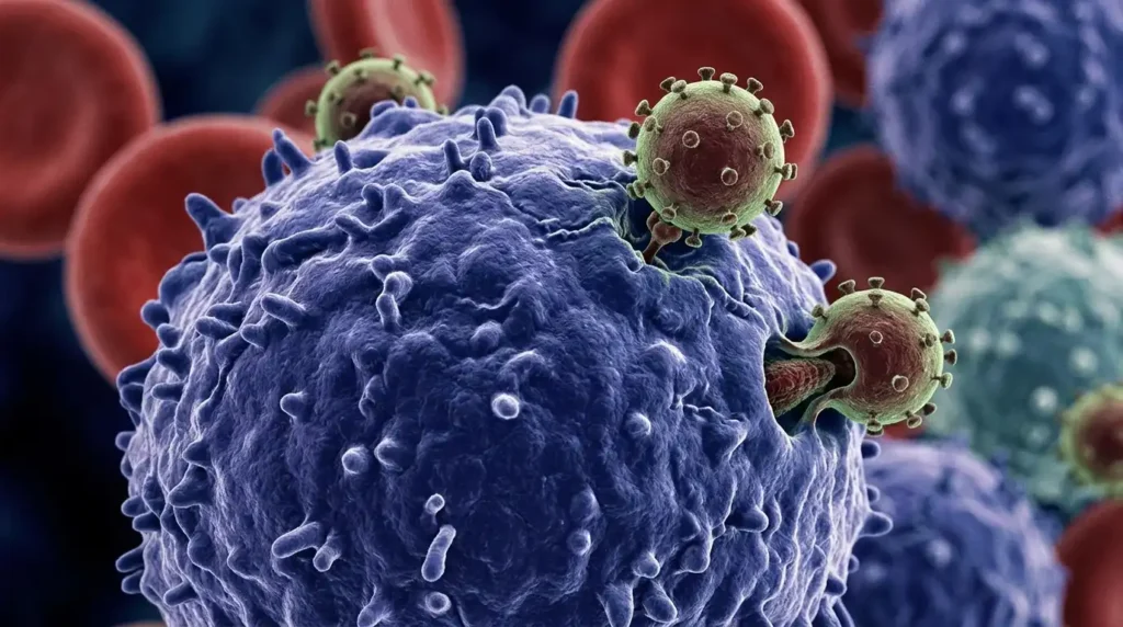 HIV virus attacking a lymphocyte